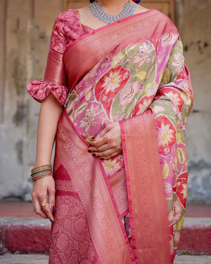 Graceful Peach and Pink Banarasi Silk Saree with Zari Weave and Tassels