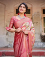 Graceful Peach and Pink Banarasi Silk Saree with Zari Weave and Tassels