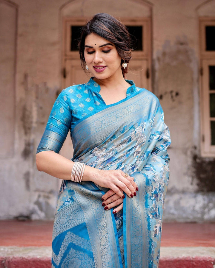 Aqua Blue Banarasi Silk Saree with Zari Border, Floral Motifs, and Tassels