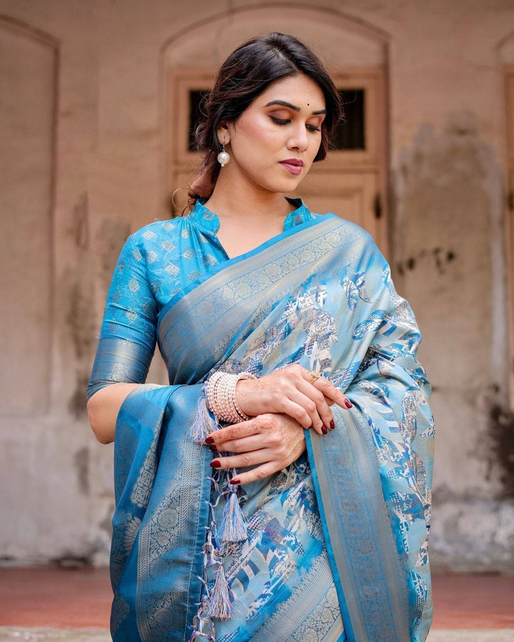 Aqua Blue Banarasi Silk Saree with Zari Border, Floral Motifs, and Tassels