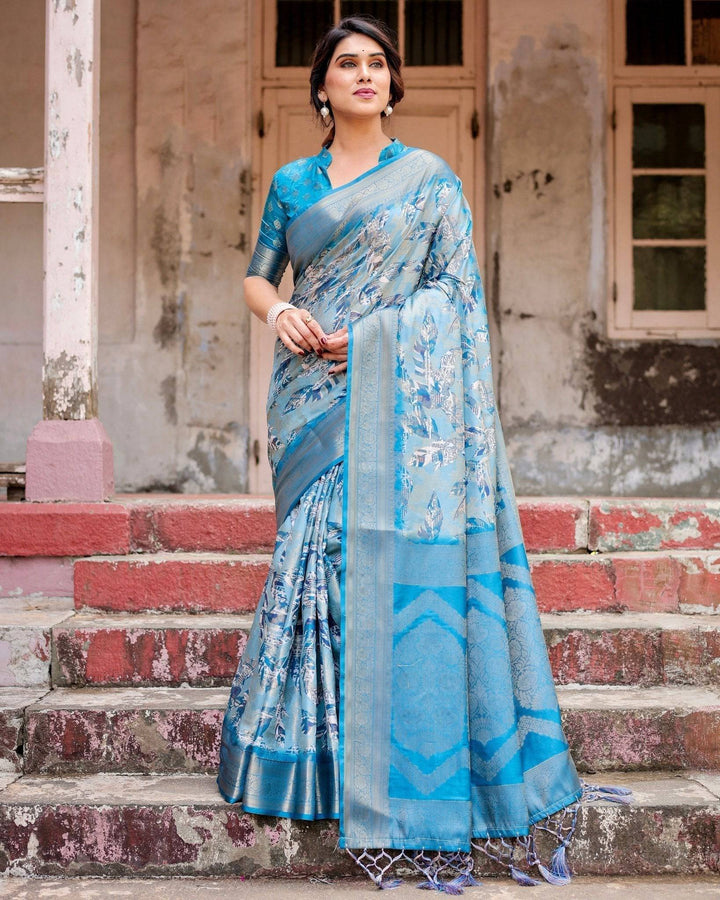 Aqua Blue Banarasi Silk Saree with Zari Border, Floral Motifs, and Tassels