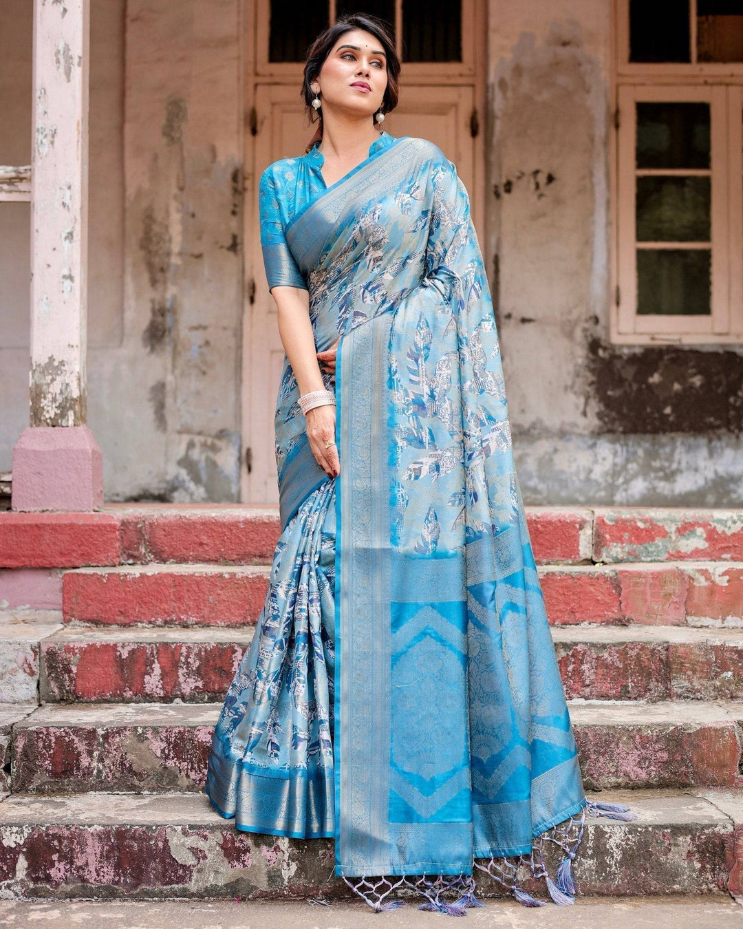 Aqua Blue Banarasi Silk Saree with Zari Border, Floral Motifs, and Tassels