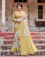 Golden Yellow Banarasi Silk Saree with Multicolor Floral Print and Zari Border