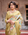 Golden Yellow Banarasi Silk Saree with Multicolor Floral Print and Zari Border