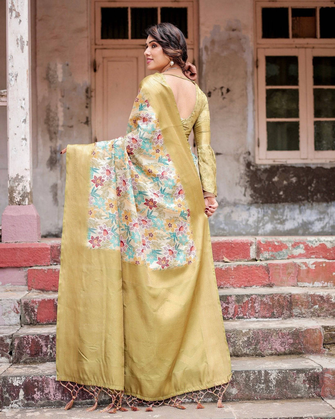 Golden Yellow Banarasi Silk Saree with Multicolor Floral Print and Zari Border