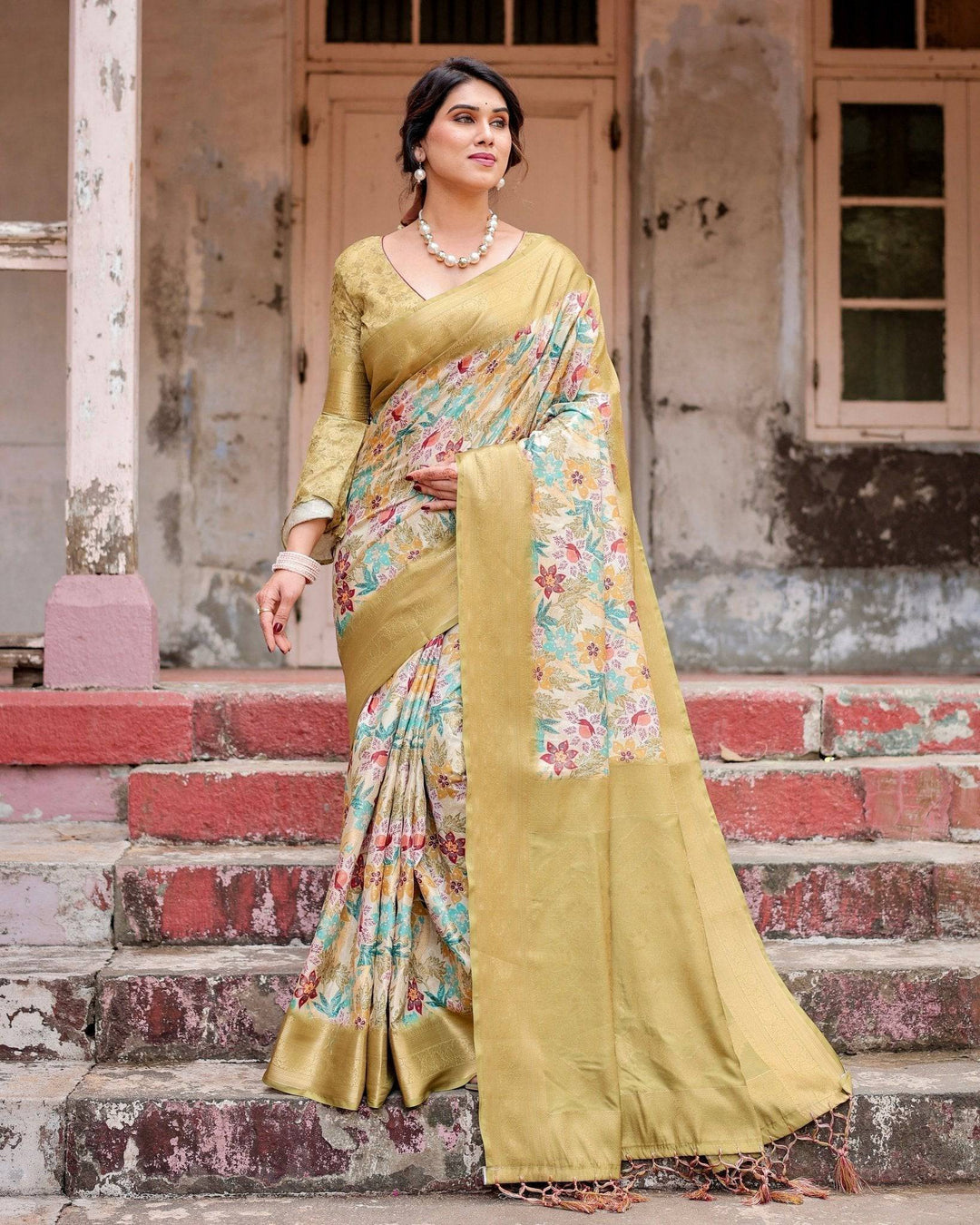 Golden Yellow Banarasi Silk Saree with Multicolor Floral Print and Zari Border