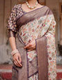 Ivory Banarasi Silk Saree with Plum Zari Border, Floral Print, and Tassels