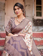 Ivory Banarasi Silk Saree with Plum Zari Border, Floral Print, and Tassels