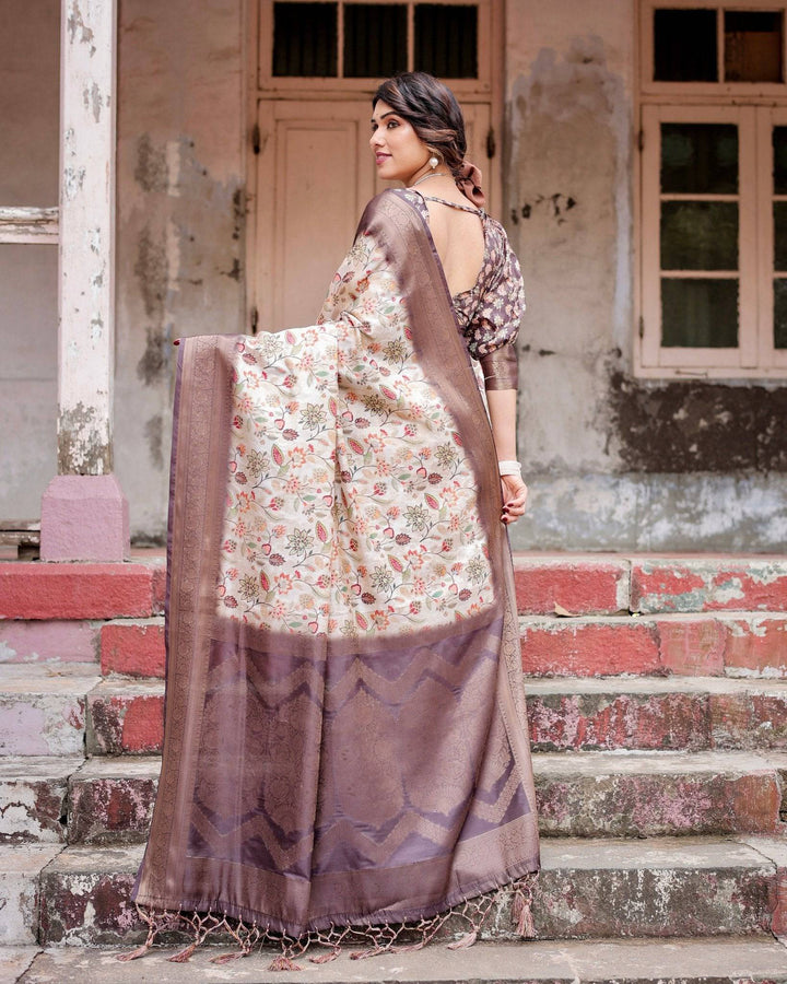 Ivory Banarasi Silk Saree with Plum Zari Border, Floral Print, and Tassels