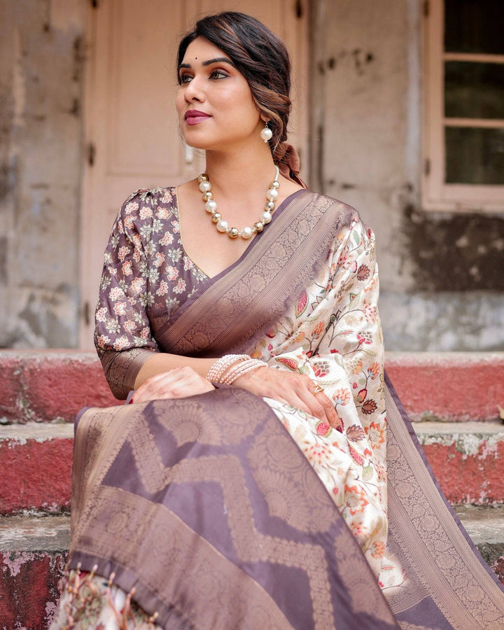 Ivory Banarasi Silk Saree with Plum Zari Border, Floral Print, and Tassels