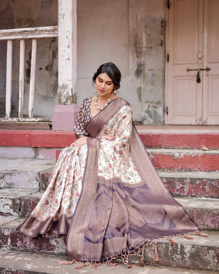 Ivory Banarasi Silk Saree with Plum Zari Border, Floral Print, and Tassels