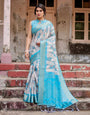 Sky Blue Banarasi Silk Saree with Paisley Digital Print, Zari Border & Tassel Details