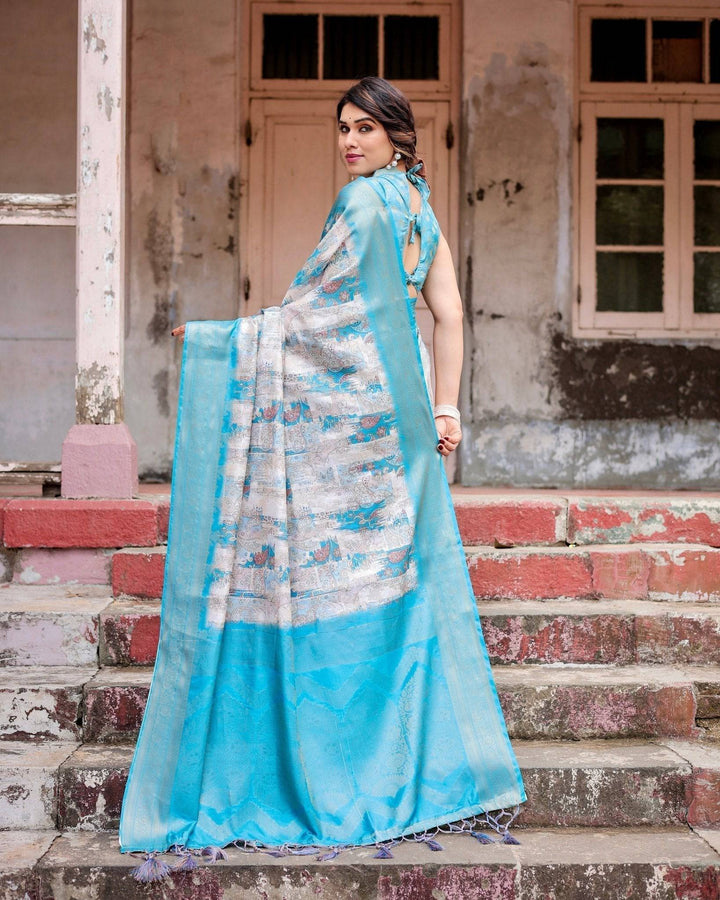 Sky Blue Banarasi Silk Saree with Paisley Digital Print, Zari Border & Tassel Details