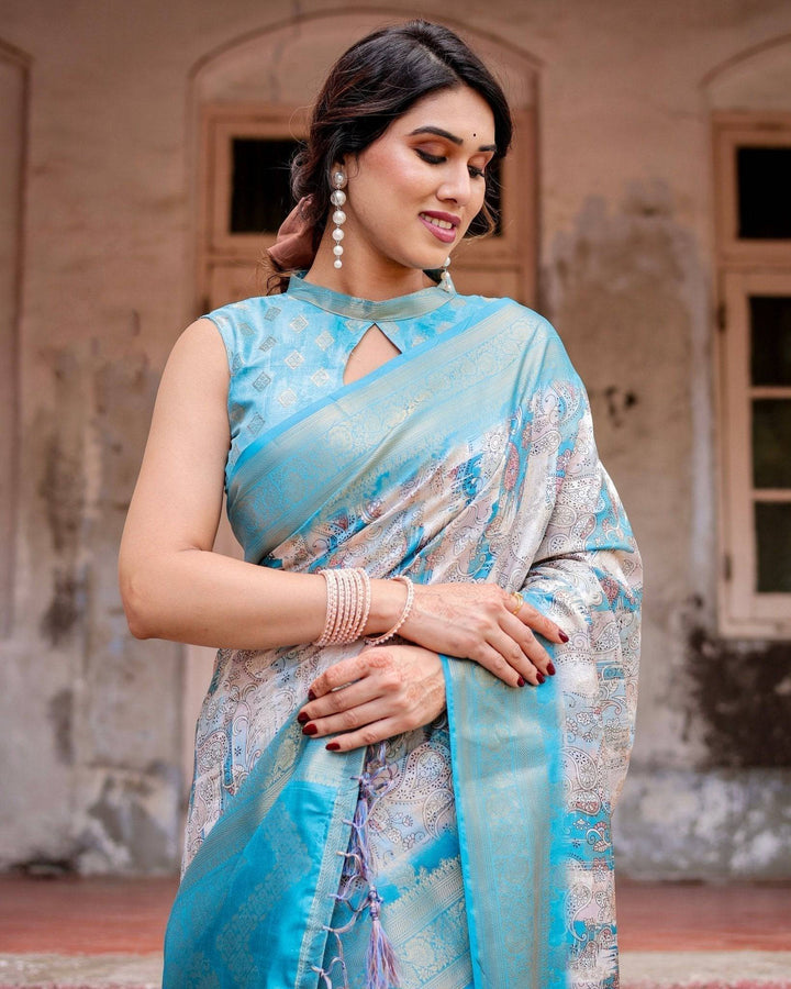 Sky Blue Banarasi Silk Saree with Paisley Digital Print, Zari Border & Tassel Details