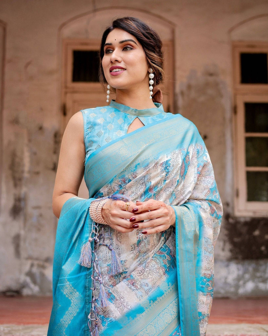 Sky Blue Banarasi Silk Saree with Paisley Digital Print, Zari Border & Tassel Details