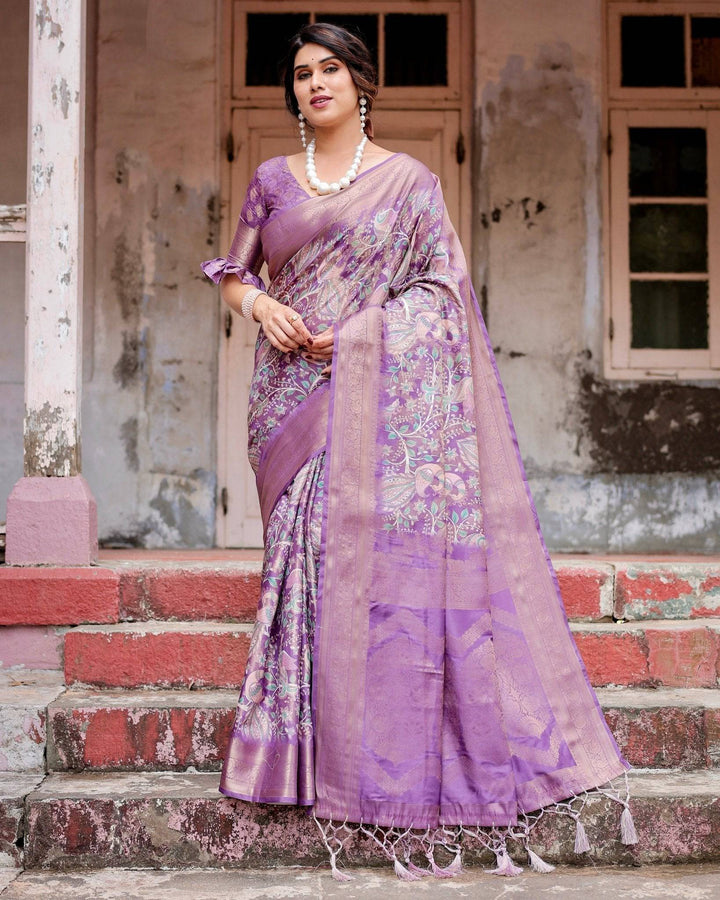 Lavender Banarasi Silk Saree with Intricate Zari Weaving, Tassel Accents, and Designer Floral Pallu