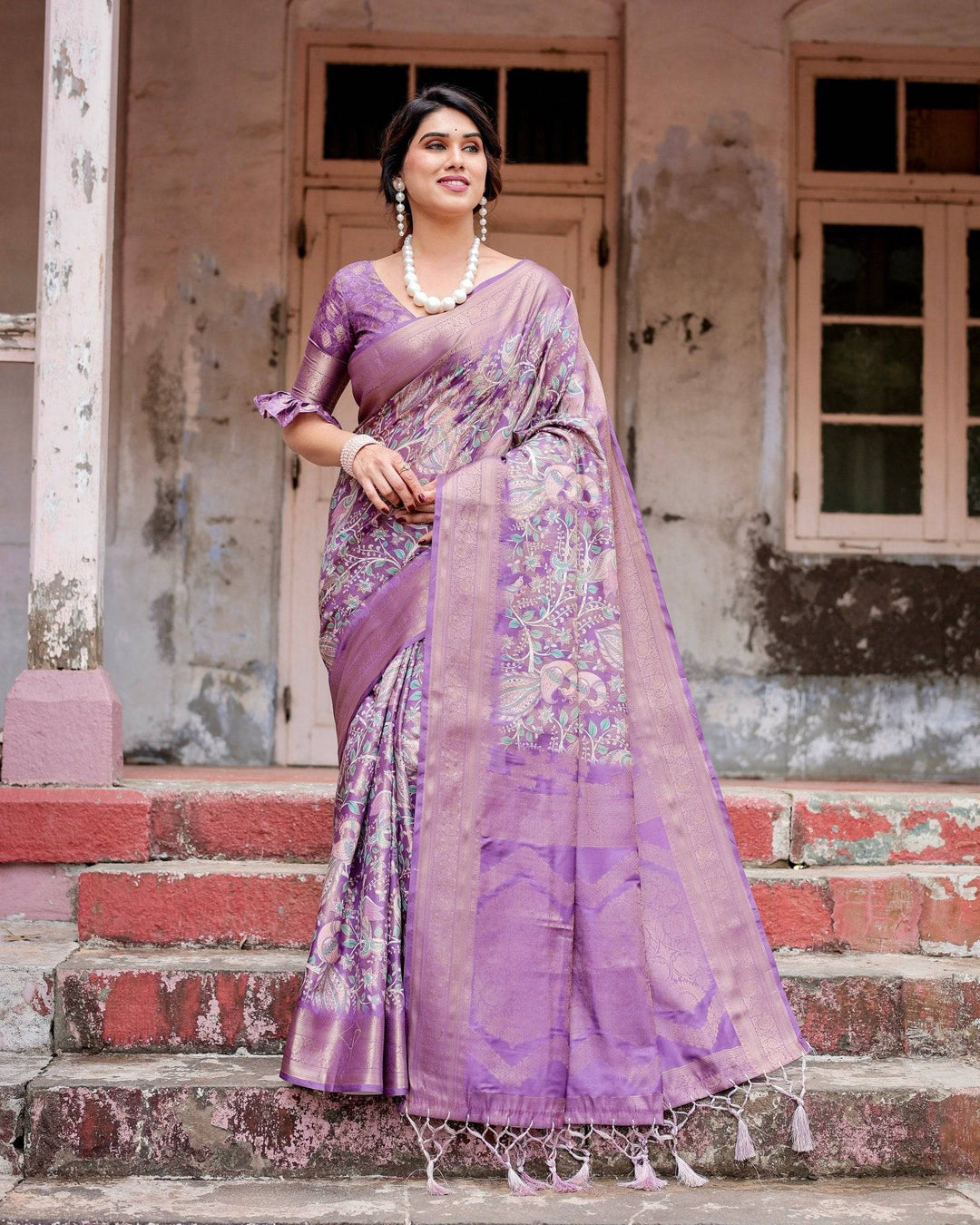 Lavender Banarasi Silk Saree with Intricate Zari Weaving, Tassel Accents, and Designer Floral Pallu