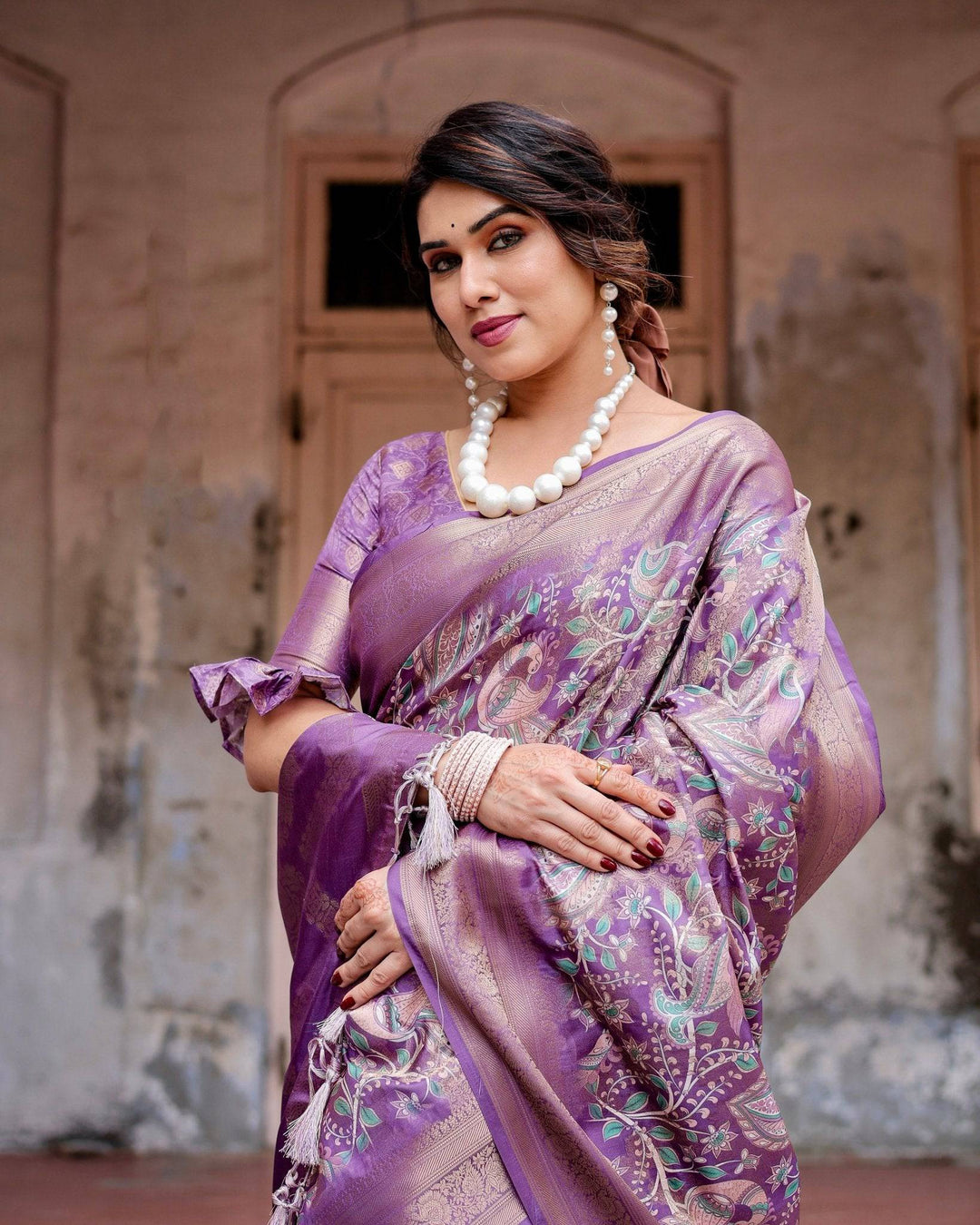 Lavender Banarasi Silk Saree with Intricate Zari Weaving, Tassel Accents, and Designer Floral Pallu