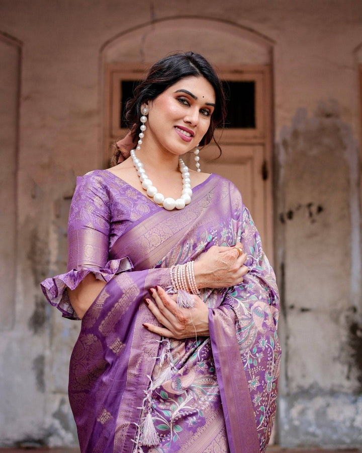 Lavender Banarasi Silk Saree with Intricate Zari Weaving, Tassel Accents, and Designer Floral Pallu