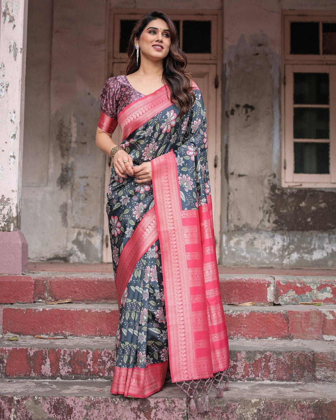 Floral Navy Banarasi Silk Saree with Bright Pink Zari Border and Tassels