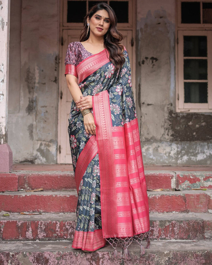 Floral Navy Banarasi Silk Saree with Bright Pink Zari Border and Tassels