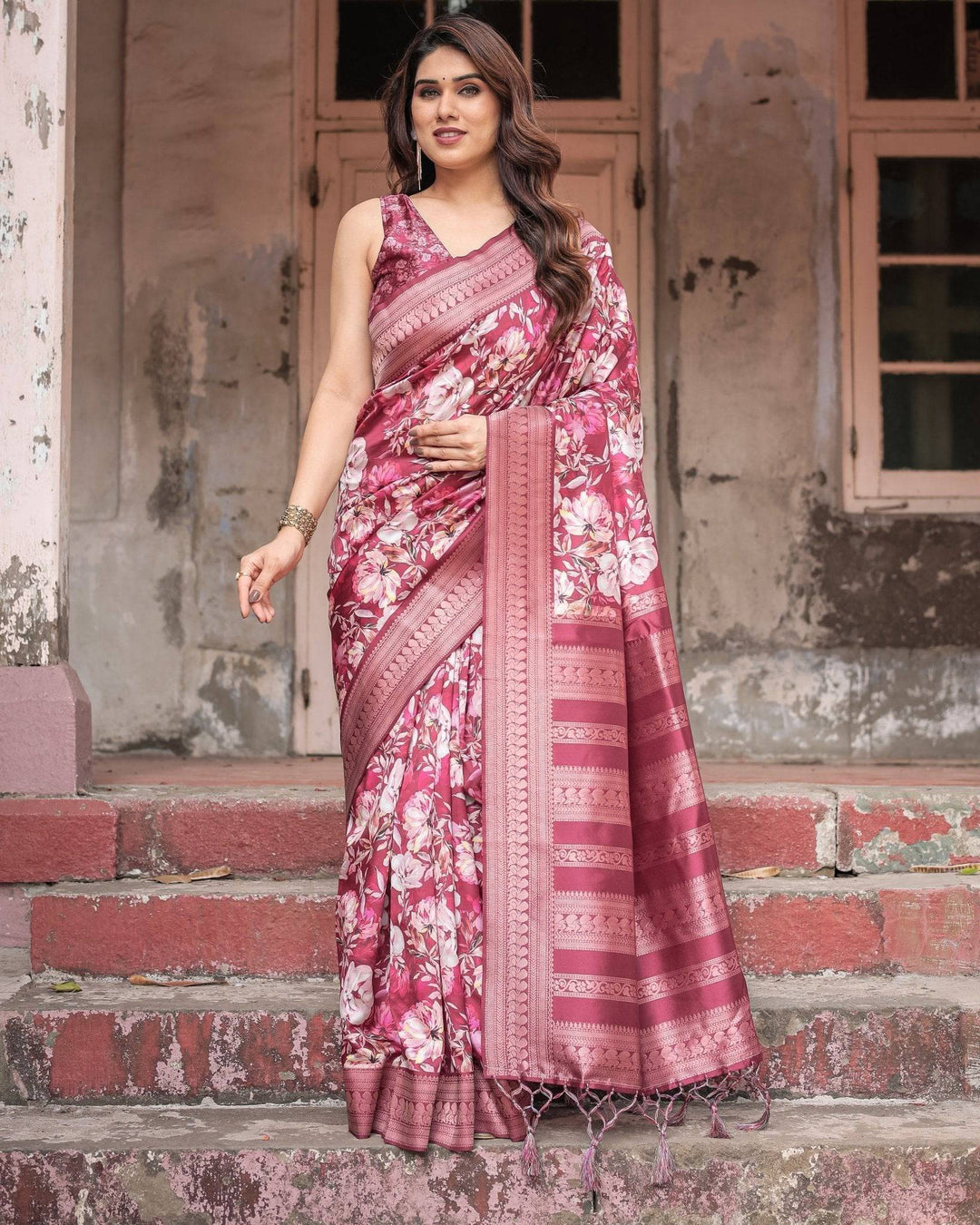 Maroon Banarasi Silk Saree with Bold Floral Digital Print & Rich Zari Border