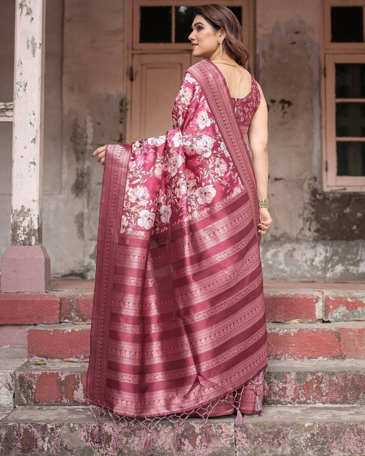 Maroon Banarasi Silk Saree with Bold Floral Digital Print & Rich Zari Border