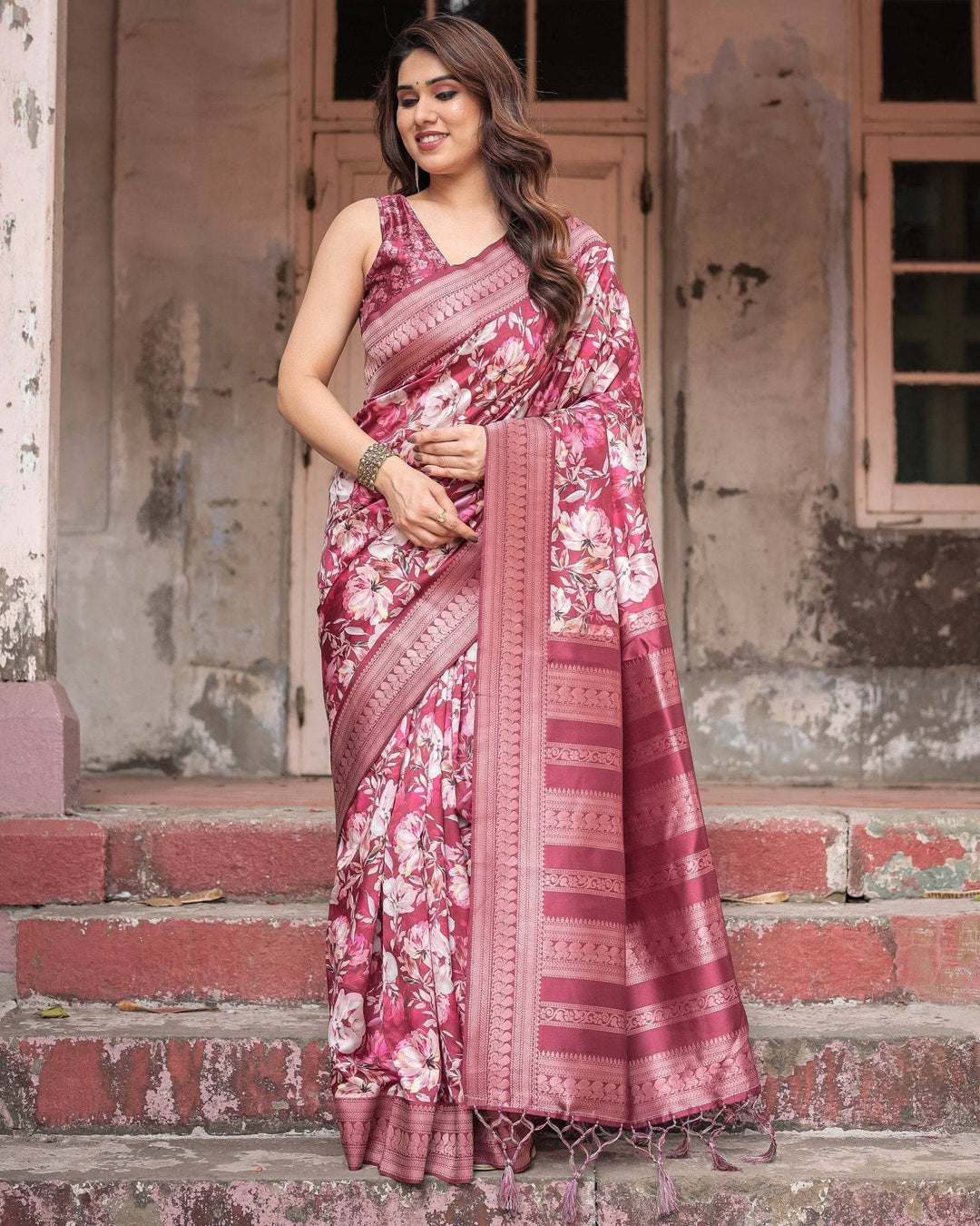 Maroon Banarasi Silk Saree with Bold Floral Digital Print & Rich Zari Border