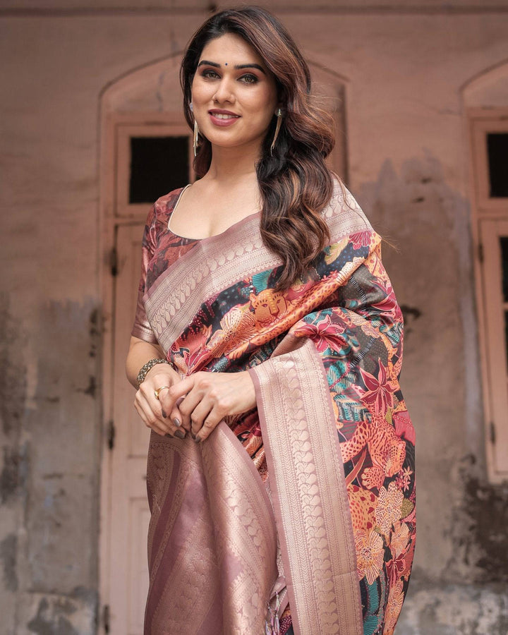 Exotic Multicolor Banarasi Silk Saree with Zari Border and Tassels