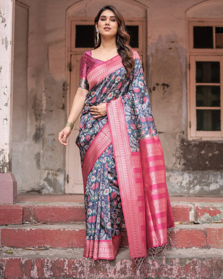 Stunning Navy Banarasi Silk Saree with Vibrant Floral Prints and Pink Zari Border