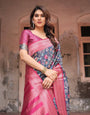 Stunning Navy Banarasi Silk Saree with Vibrant Floral Prints and Pink Zari Border