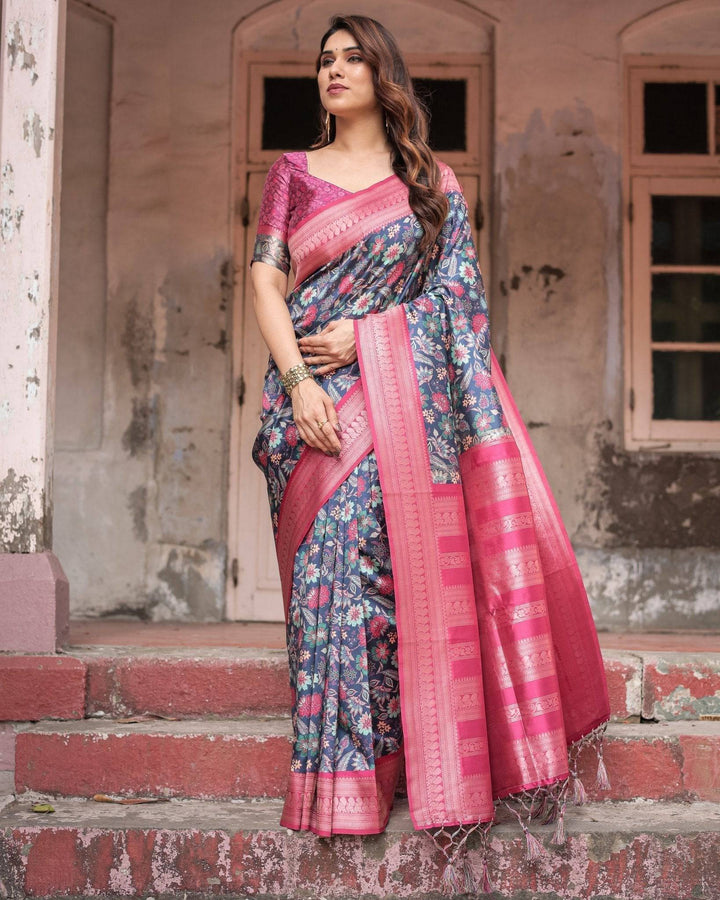 Stunning Navy Banarasi Silk Saree with Vibrant Floral Prints and Pink Zari Border