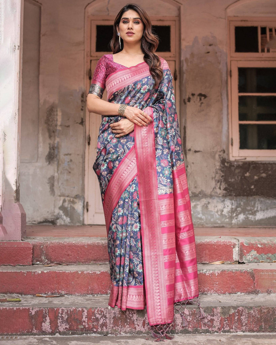 Stunning Navy Banarasi Silk Saree with Vibrant Floral Prints and Pink Zari Border