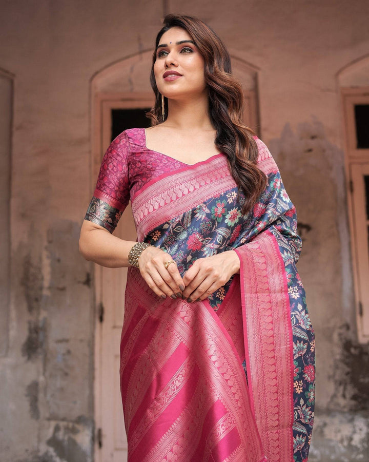 Stunning Navy Banarasi Silk Saree with Vibrant Floral Prints and Pink Zari Border