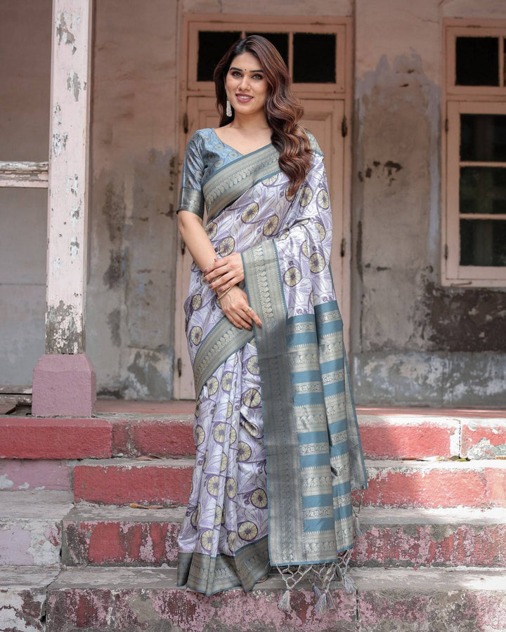 Sophisticated Lilac Banarasi Silk Saree with Floral Prints and Zari Tassel Border