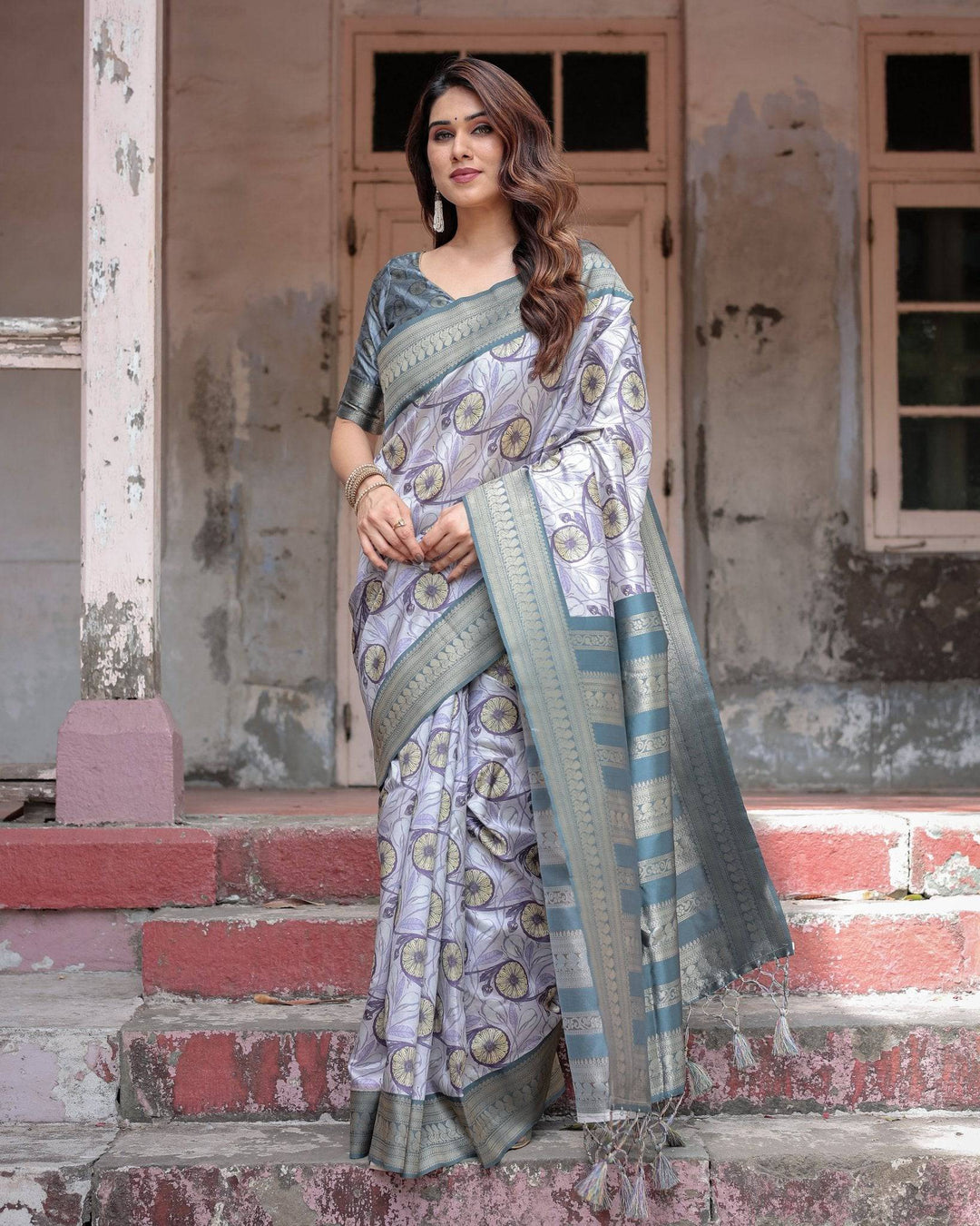 Sophisticated Lilac Banarasi Silk Saree with Floral Prints and Zari Tassel Border