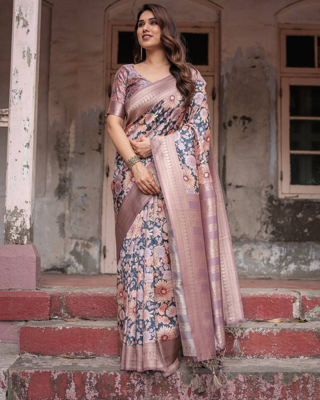 Lavender Banarasi Silk Saree with Pastel Floral Digital Print & Zari Border