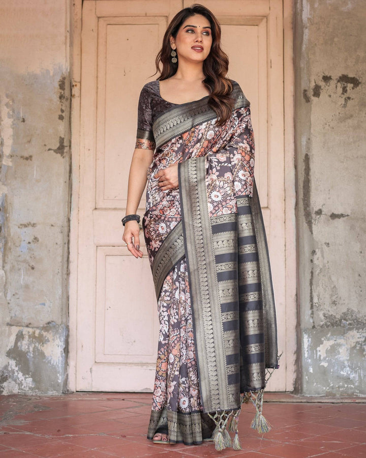 Elegant Black and Peach Banarasi Silk Saree with Zari Border and Tassels