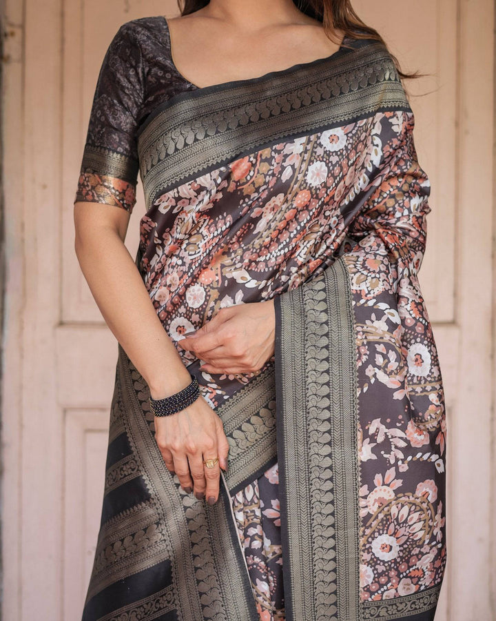 Elegant Black and Peach Banarasi Silk Saree with Zari Border and Tassels