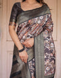 Elegant Black and Peach Banarasi Silk Saree with Zari Border and Tassels