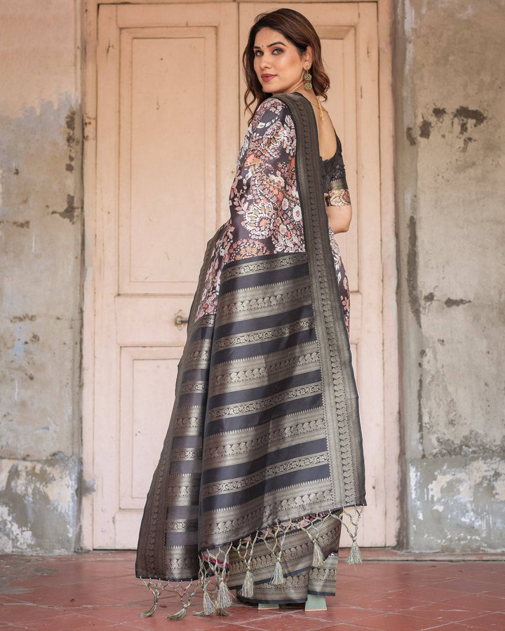 Elegant Black and Peach Banarasi Silk Saree with Zari Border and Tassels