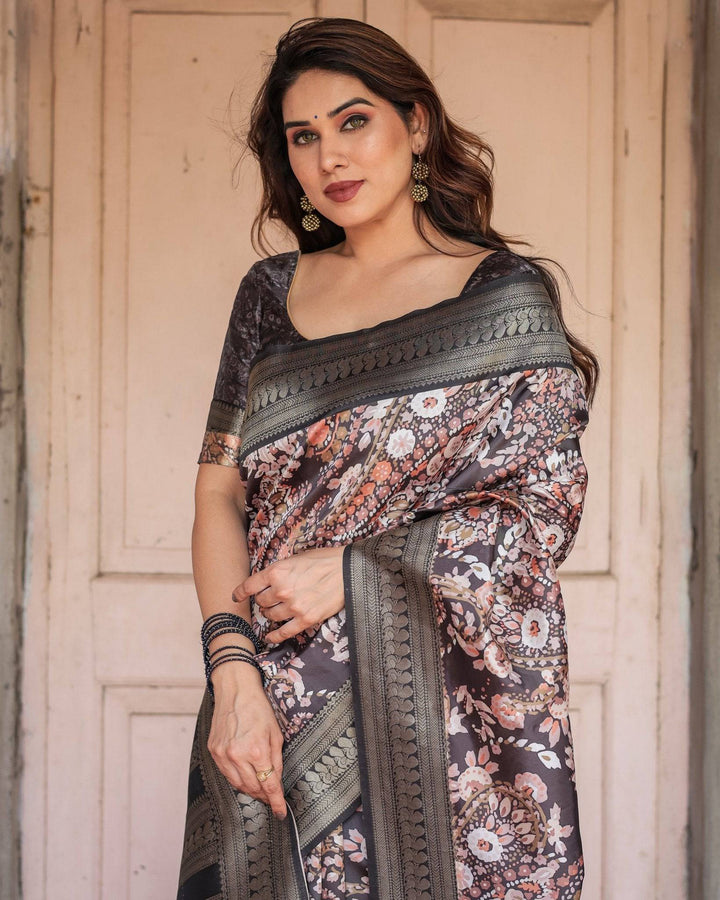 Elegant Black and Peach Banarasi Silk Saree with Zari Border and Tassels