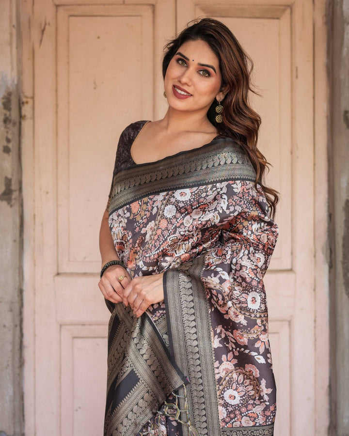 Elegant Black and Peach Banarasi Silk Saree with Zari Border and Tassels