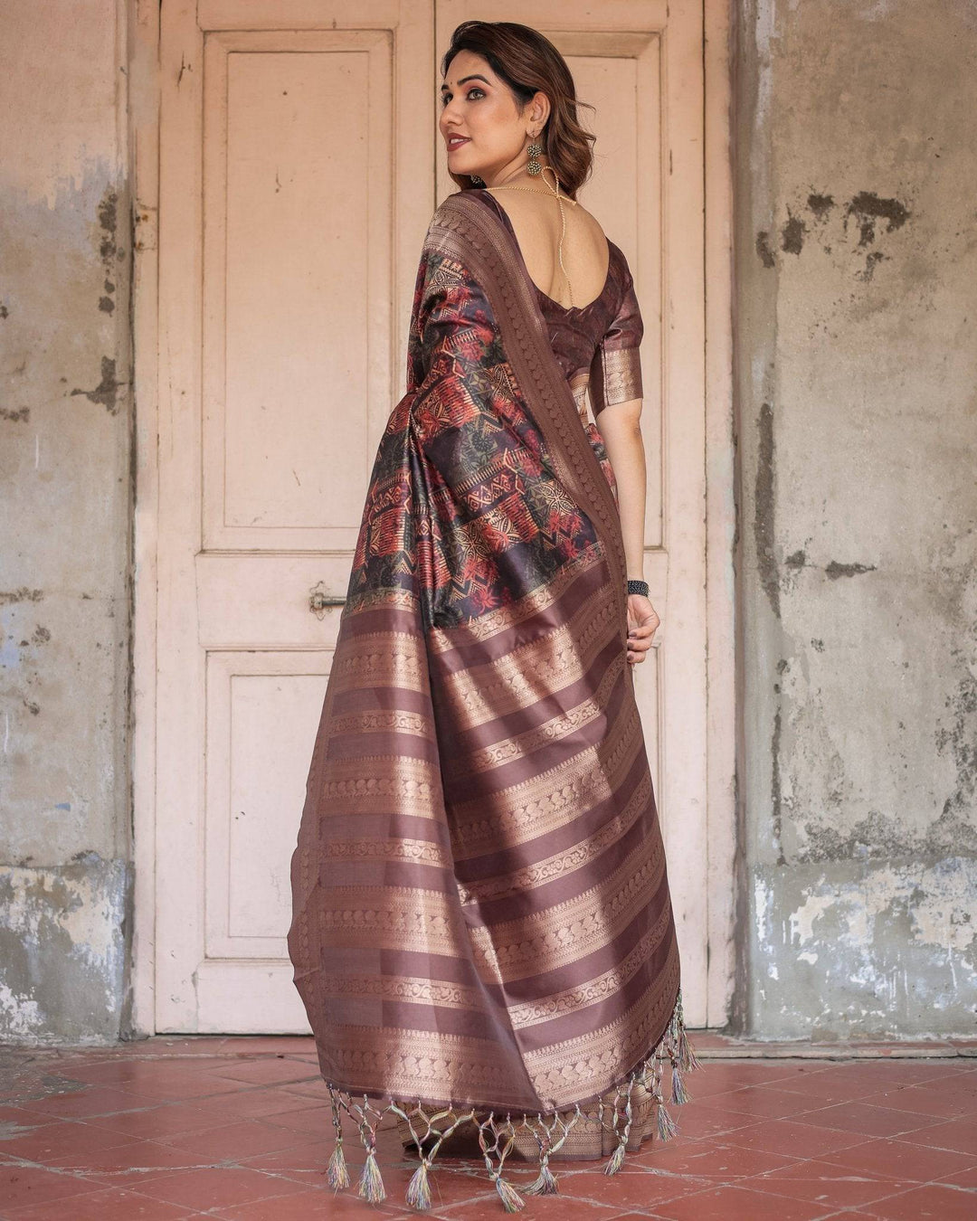 Rich Chocolate Banarasi Silk Saree with Geometric Print and Zari Border