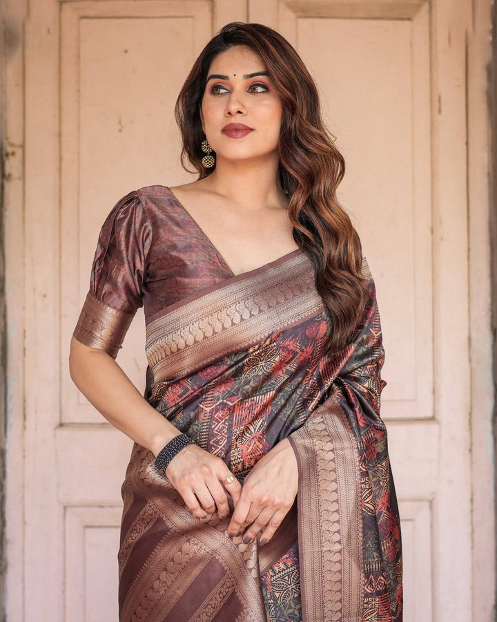 Rich Chocolate Banarasi Silk Saree with Geometric Print and Zari Border