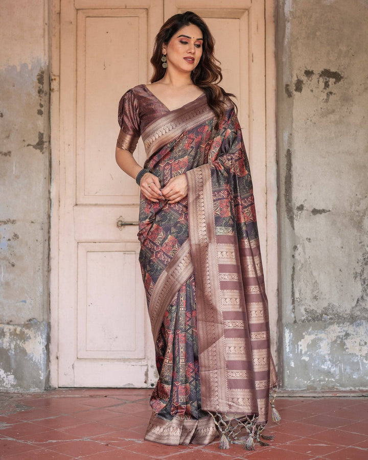 Rich Chocolate Banarasi Silk Saree with Geometric Print and Zari Border