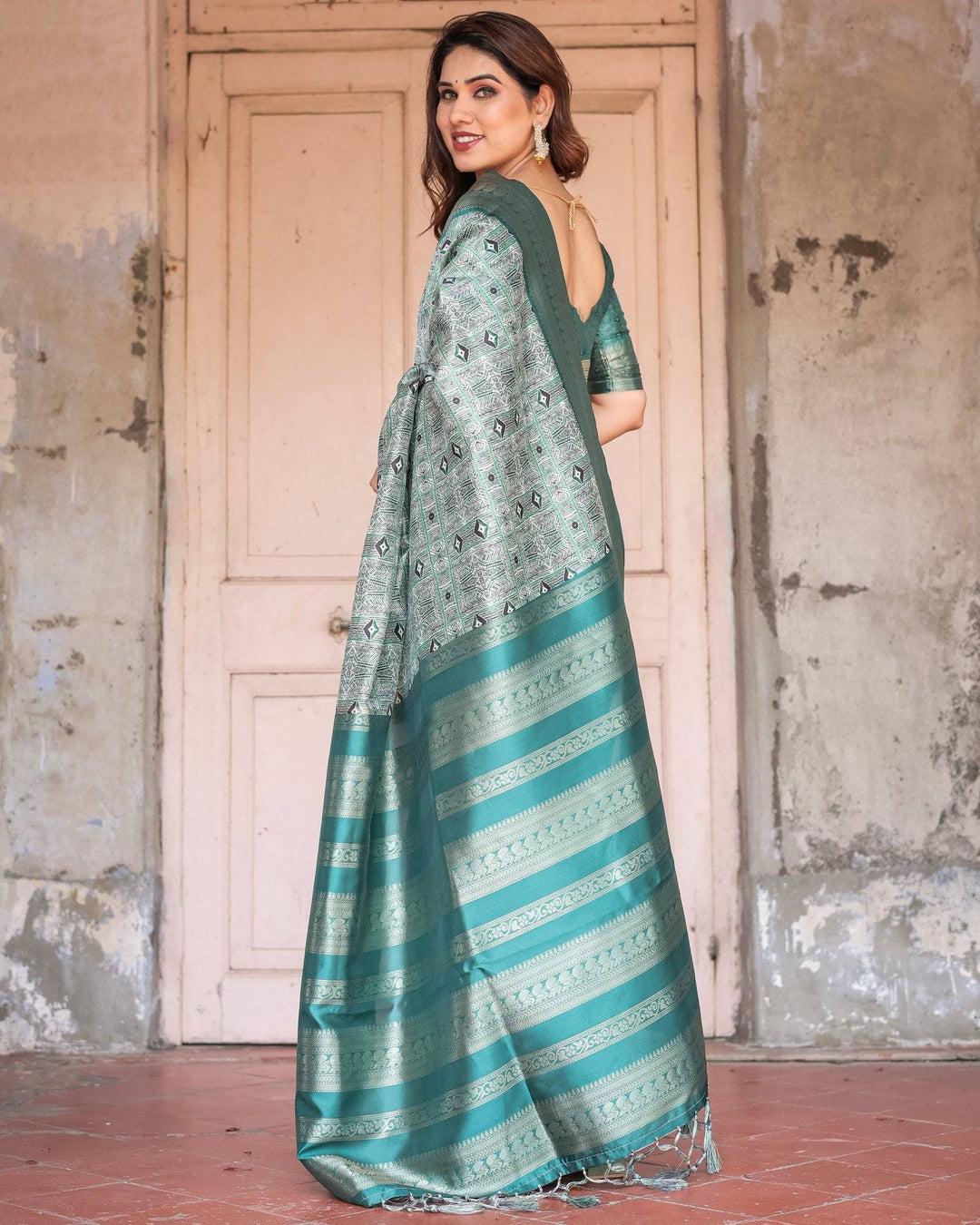 Teal Green Banarasi Silk Saree with Geometric Digital Print & Intricate Zari Border