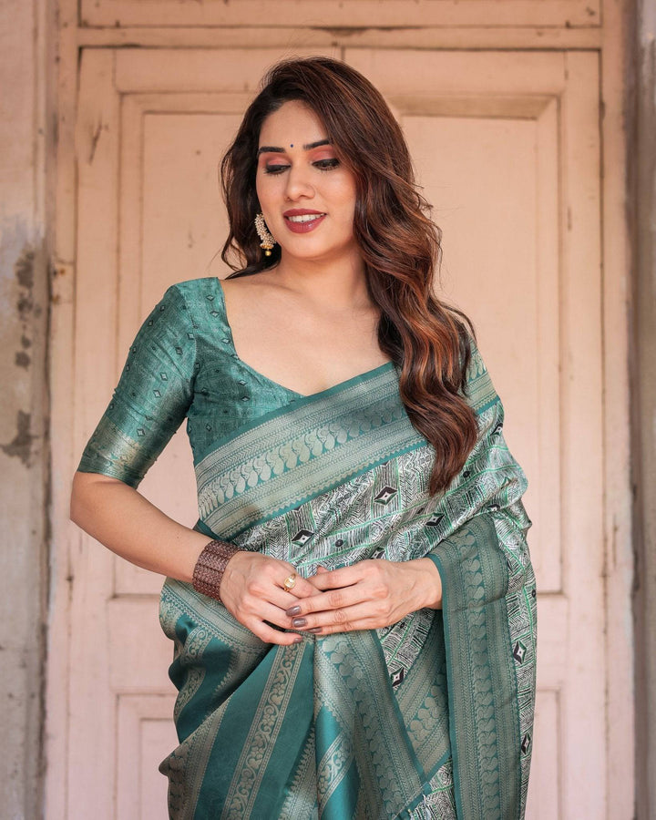 Teal Green Banarasi Silk Saree with Geometric Digital Print & Intricate Zari Border