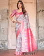 Pink Banarasi Silk Saree with Vibrant Floral Digital Print & Elegant Zari Border