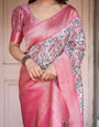 Pink Banarasi Silk Saree with Vibrant Floral Digital Print & Elegant Zari Border